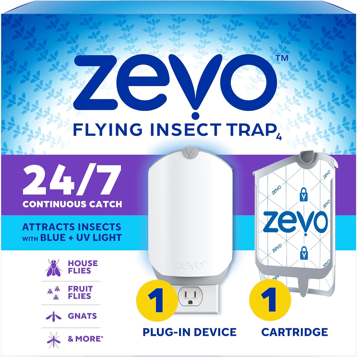 Zevo Flying Insect Trap & Cartridge   Plug In Fly Trap & Indoor Bug Catcher For Gnats, House & Fruit Flies   Mess Free   Use In Any Room   Uses...